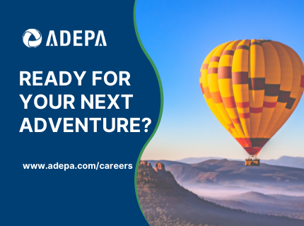Picture showing a hot air balloon above the clouds on the right side, on the left side, the Adepa logo is displayed and the text in capital letters: Are you ready for your next Adventure?